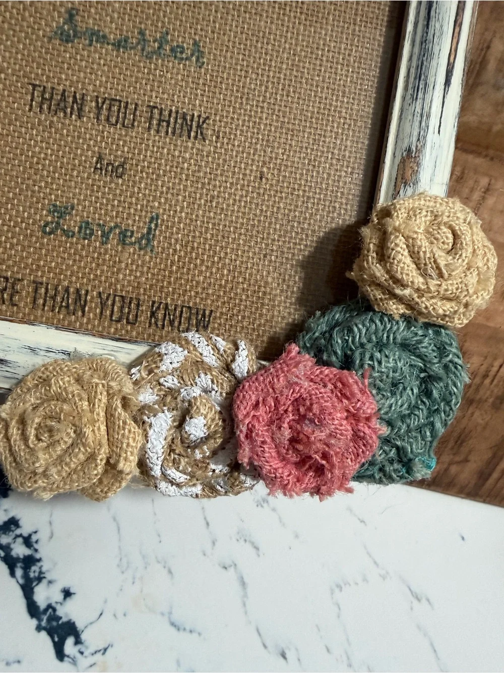 Rustic White Frame with Pink, Teal‎ and Beige Burlap Flowers -